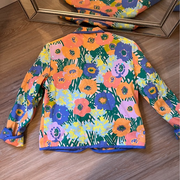 Redd Jeans Floral Sequin Blazer Periwinkle Trim Funky Statement Jacket - Picture 7 of 8